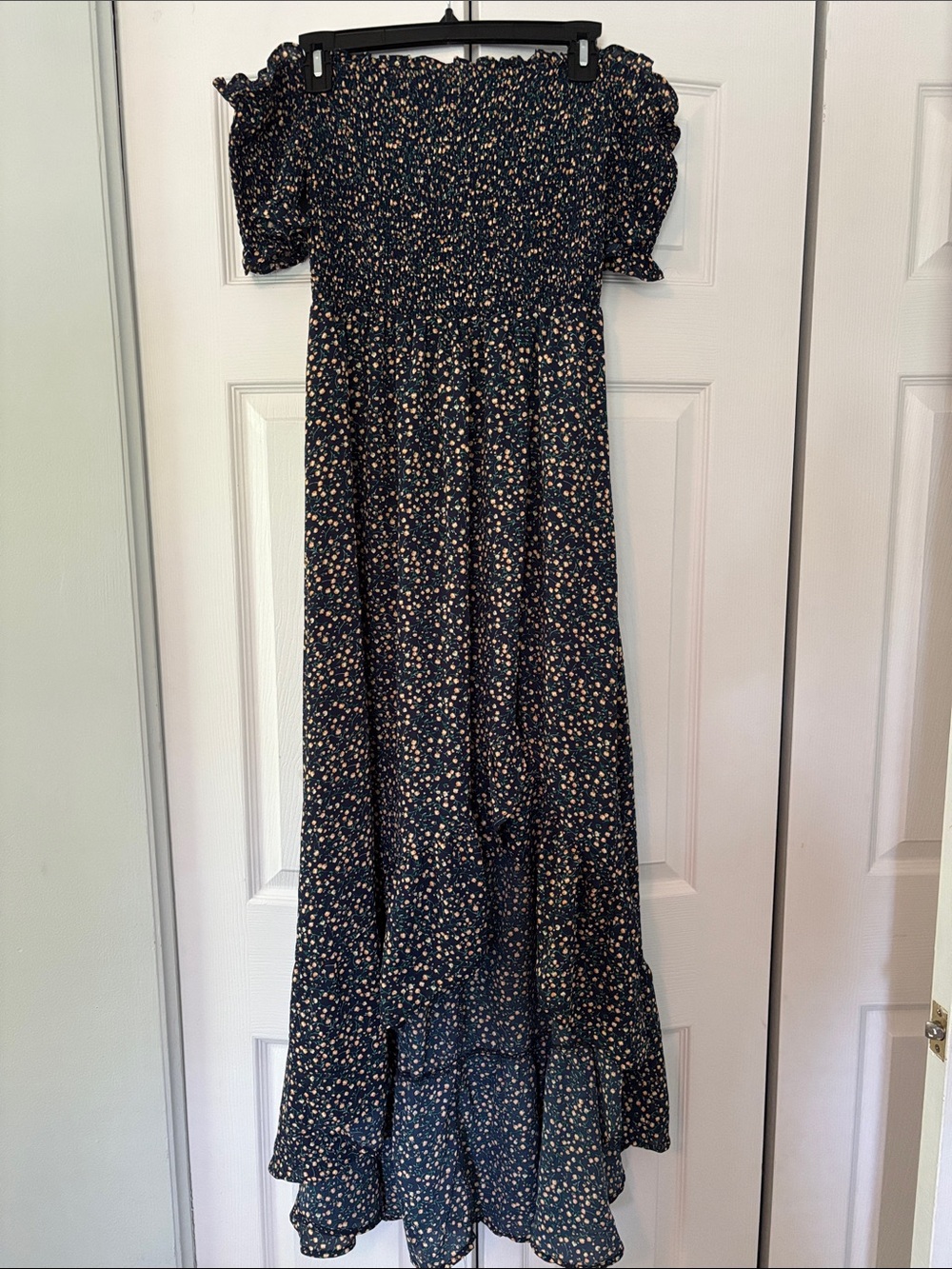 Francesca's Collections Navy Floral Smocked Off-Shoulder High Low Maxi Dress